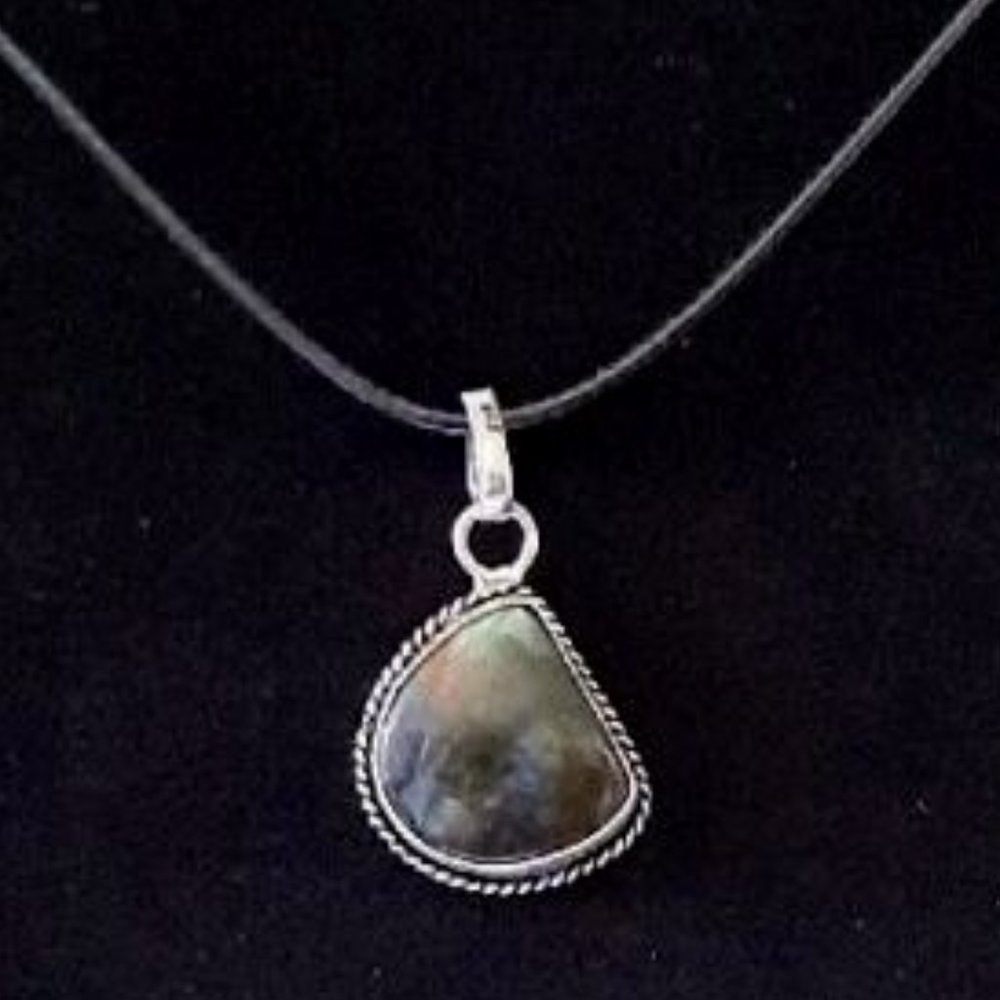 Greenish Black LABRADORITE Pendant Set In 925 Silver Plate on Black Cord